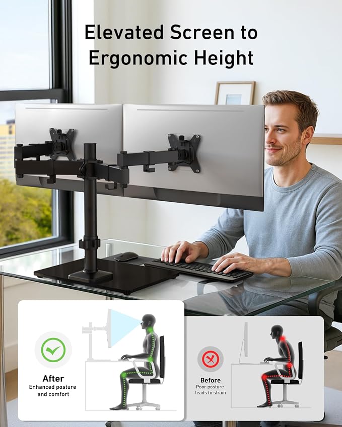 HUANUO Freestanding Dual Monitor Stand, 32 Inch Dual Monitor Mount - Image 3