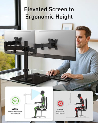 HUANUO Freestanding Dual Monitor Stand, 32 Inch Dual Monitor Mount - Image 3