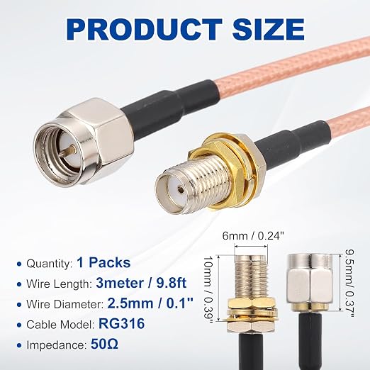 MECCANIXITY SMA Antenna Extension Cable, 9.8ft SMA Male Inner Pin to Female - Image 2