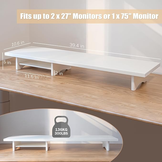 Bamboo Dual Monitor Stand Riser White, 2-Tier Desk Monitor Riser - Image 8