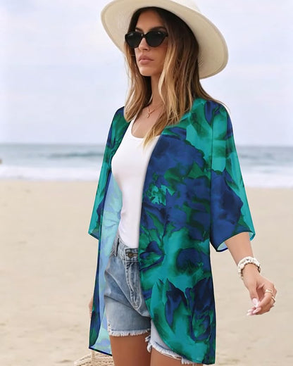 Women's Floral Print Puff Sleeve Kimono Cardigan Loose Cover Up Casual Blouse - Image 5
