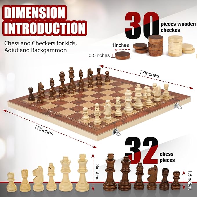Chess Checkers Backgammon 3-in-1 Board Games Sets, Wooden Chess Set - Image 4