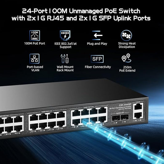 28 Port POE Switch, 24 POE+ 100Mbps, 2 Gigabit Uplink, 2 Gigabit SFP, - Image 2