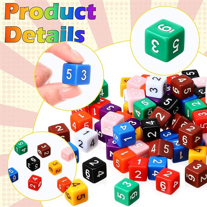 Poen 100 Pcs 16mm Dice Set Bulk, 6 Sided Standard Colored Dices - Image 5