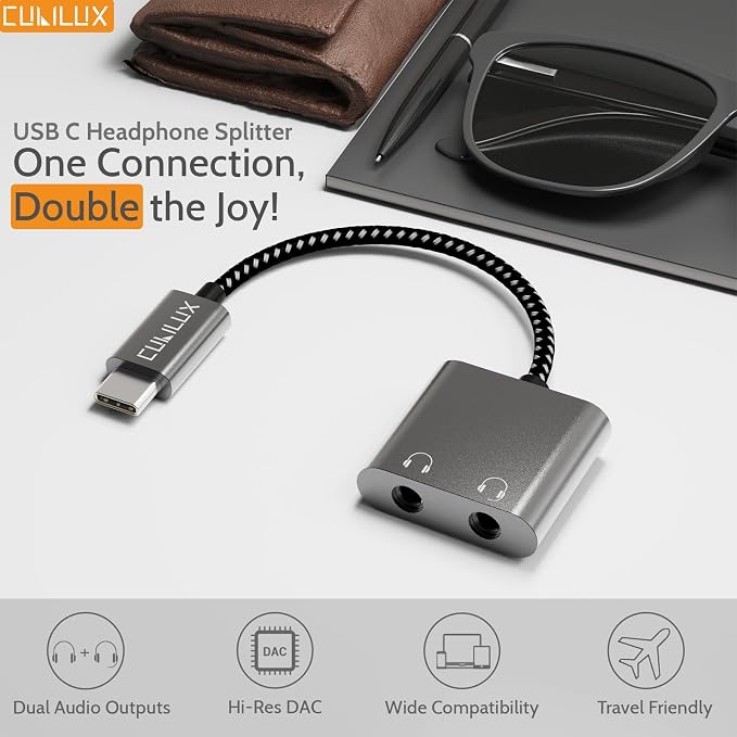 Cubilux USB C Double Headphone Splitter, Type C to Dual 3.5mm Jacks Audio - Image 2