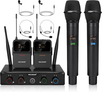 4-Channel Wireless Microphone System, UHF Cordless Mic Set w/ 4x10 Frequencies by MELONARE