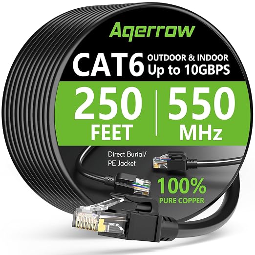 Aqerrow Cat6 Ethernet Cable 250FT, Outdoor Direct Burial Cat 6 Cable 24AWG High by EthernetCable