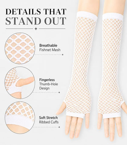 Seeksmile Women's Girls 80's Theme Party Emo Fingerless Arm Fishnet Gloves - Image 6