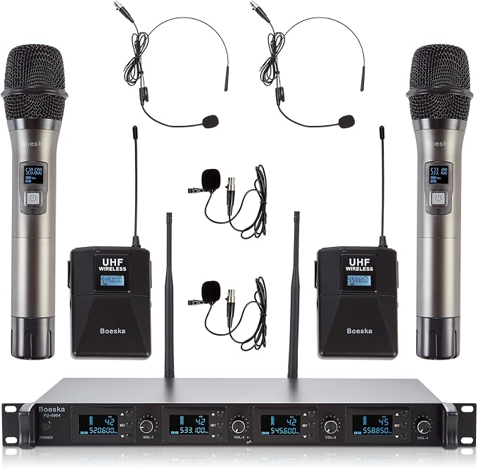 4 Channel Wireless Microphone System UHF 2 Cordless Handheld Mics and 2 by Boeska