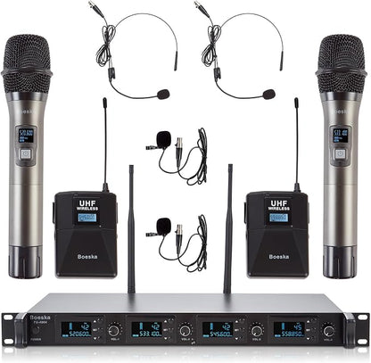 4 Channel Wireless Microphone System UHF 2 Cordless Handheld Mics and 2 by Boeska