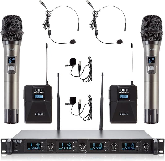 4 Channel Wireless Microphone System UHF 2 Cordless Handheld Mics and 2 by Boeska