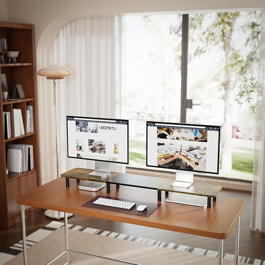 43.7" Extra Long Dual Monitor Stand Riser, Wood & Steel Monitor Stand - Image 2