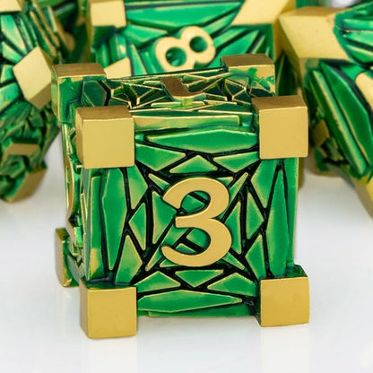 Metal DND Dice Set with Box, Debris RPG Green Golden D and D Dice - Image 3
