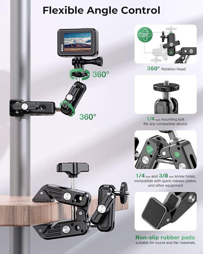 Super Clamp Camera Mount, 360° Dual Ballhead Magic Arm, 1/4"-20 & 3/8"-16 - Image 3