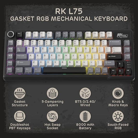 RK ROYAL KLUDGE L75 Gasket Mount Mechanical Keyboard w/Knob/Macro Keys & - Image 2