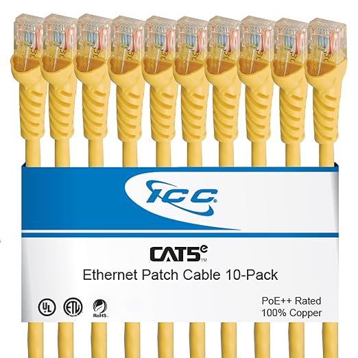 ICC CAT5e Ethernet Patch Cord 1 FT 10-Pack, UTP 24 AWG UL Listed, 100% Stranded by ICC