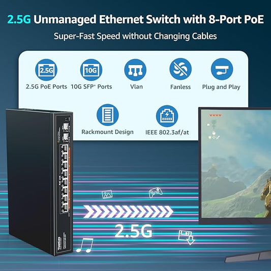 YuanLey 10 Port 2.5G PoE Switch Unmanaged, 8 x 2.5G Base-T PoE Ports, 2 x 10G - Image 2