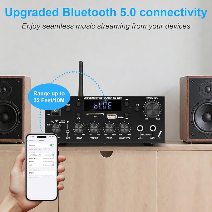 Romica Stereo Audio Amplifier, 2 Channel 500W Bluetooth 5.0 Home Theater Power - Image 4