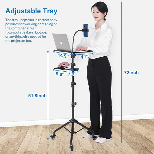 Laptop Tripod on Wheels with 2 Shelves, Portable Projector Floor Stand - Image 2