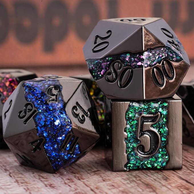 D&D Dice Set Metal, Large Striped Glitter Dice Set.RPG Polyhedral Dice 7pcs Set - Image 4