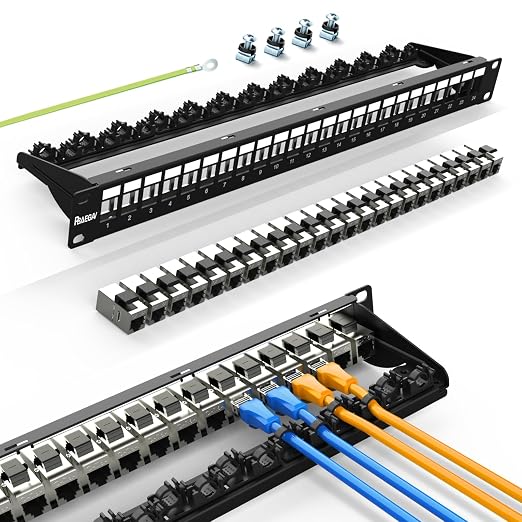Patch Panel 24 Port with 24 Pcs Cat6A Keystone Jack STP 10G Support with by PBAEGAV