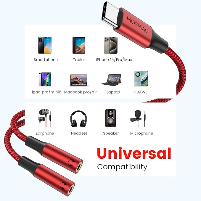 MOSWAG Type C to Dual 3.5mm Aux Headphone Jack Adapter, Hi-Res 2 Way Audio Y - Image 4