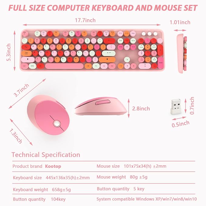Cute Pink Wireless Keyboard and Mouse, 2.4G Retro Round Keycap - Image 9