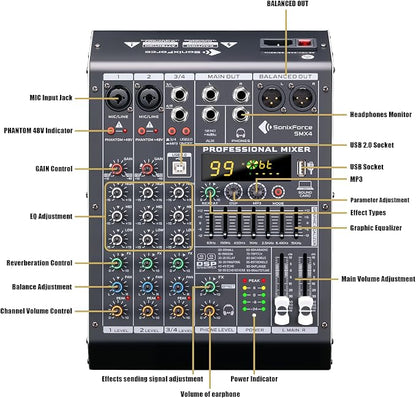 Professional Audio Mixer 4 Channel Sound Board Console System 99 DSP DJ Mixer - Image 9