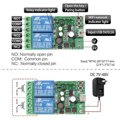 DieseRC 2 Channels WiFi Smart Switch, DC 5V 12V 24V 36V Passive Output Relay - Image 6