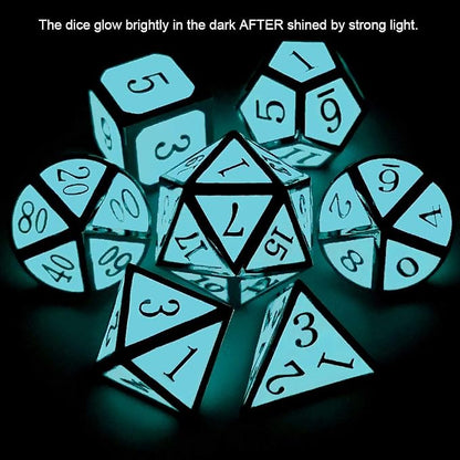 Haxtec Glow in The Dark Metal Dice Set D&D Glowing Blue Silver W/Dragon Dice - Image 3