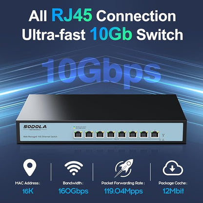 SODOLA 8 Port 10Gb Easy Web Managed Switch, 8 x 10G RJ-45 Ports, 160Gbps - Image 3