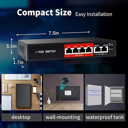 STEAMEMO AI PoE Switch, 52V 52W 100Mbps, 802.3af/at, Unmanaged Network Extender - Image 8