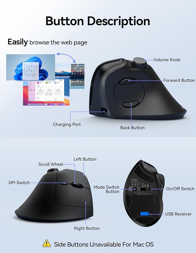 TECKNET Ergonomic Mouse, Rechargeable Wireless Bluetooth Mouse, Vertical Mouse - Image 8