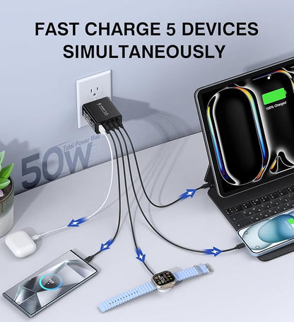USB C Wall Charger, 50W Type C Charger Block 5-Port Fast Charging Blocks - Image 2