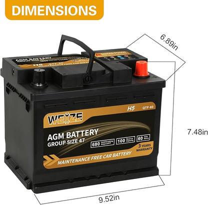 Weize Platinum AGM Battery BCI Group 47-12v 60ah H5 Size 47 Automotive Battery - Image 2