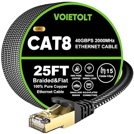 Cat 8 Ethernet Cable 25 FT Flat, High Speed 40Gbps 2000Mhz Braided Internet by EthernetCable