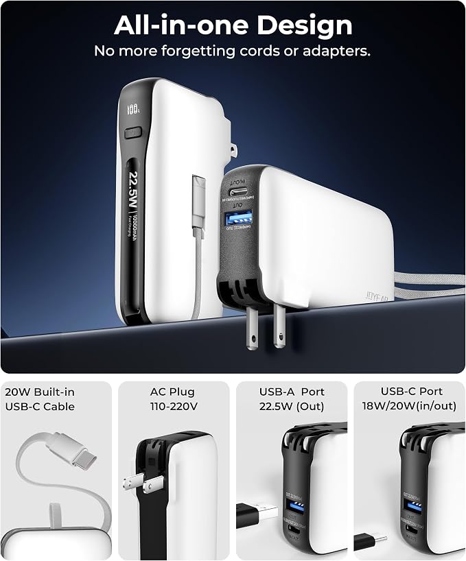 1 Pack Portable Charger with Built-in USB-C Cable & Plug, 000mAh 5V/4.5A Power - Image 2