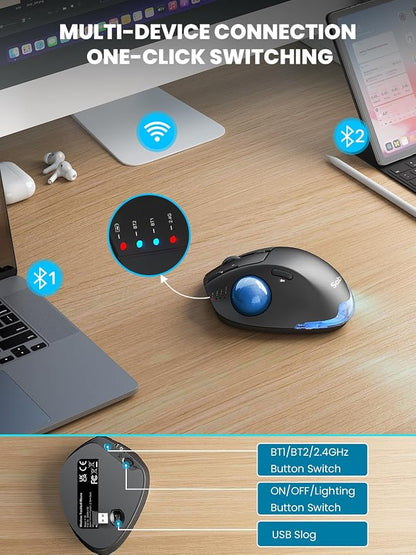 Wireless Trackball Mouse, Ergonomic Bluetooth Rechargeable Computer Mouse - Image 4