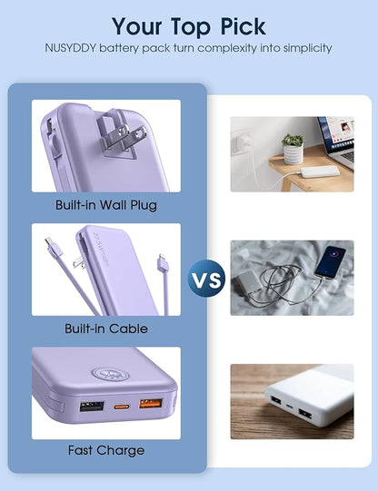 Portable Charger with Built in Cable and AC Wall Plug, USB C Power Bank - Image 3