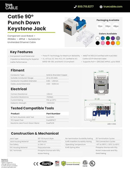 trueCABLE Cat5e Keystone Jack, Unshielded, 90 Degree Punch-Down, PoE++ 100W - Image 8