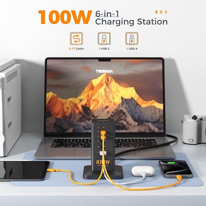 USB C Charger Blcok PD 100W, TESSAN 6-in-1 Charging Station - Image 2