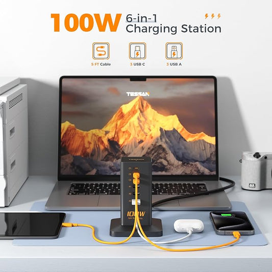 USB C Charger Blcok PD 100W, TESSAN 6-in-1 Charging Station - Image 2