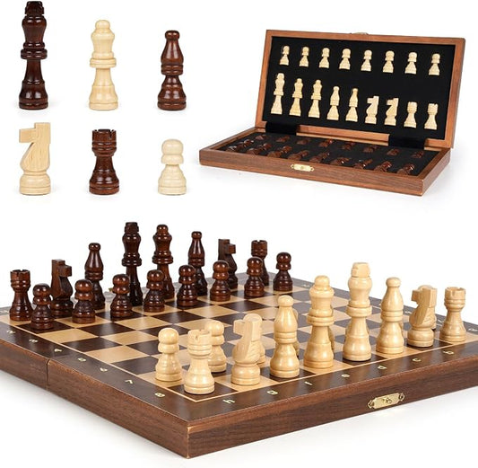 Magnetic Travel Chess Set 12-inch Wooden Magnetic Chess Board 2 Extra Queen by Kvintes