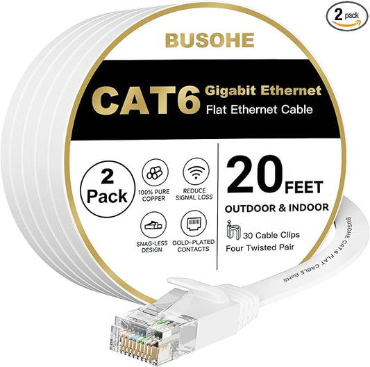BUSOHE Cat6 Ethernet Cable 20 FT 2Pack White, Cat-6 Flat Internet LAN Network by BUSOHE