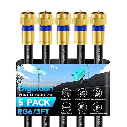 Coaxial Cable 3ft 5 Pack, RG6 Coax Cable Cord Extender by Unknown