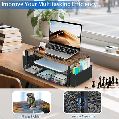 Wood Desk Organizers and Accessories, 2-Tier Computer Monitor Stand Riser - Image 4