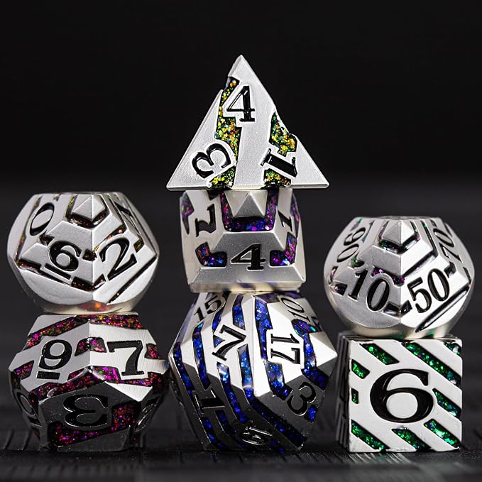Metallic Stripes Dice with Gift Case, D&D Metal Polyhedral Dice Sets by Maywin