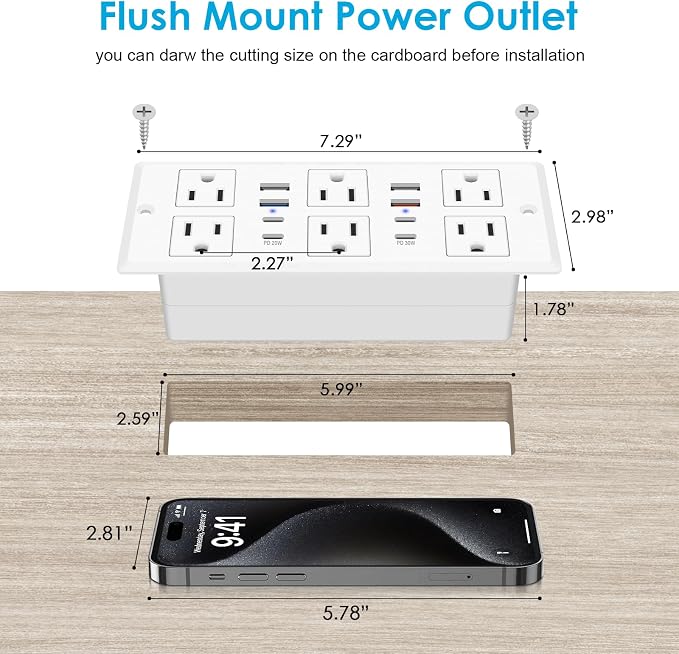 30W Recessed Power Strip USB C, Desk Flush Mount Outlet Plug in 6 AC & 8 USB - Image 2