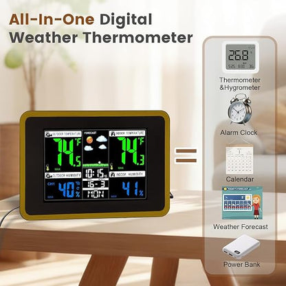 Weather Stations Wireless Indoor Outdoor Thermometer, Color Display Digital - Image 2