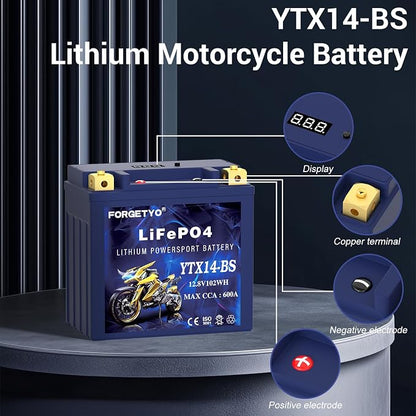 YTX14-BS Lithium Motorcycle Battery, ATV Battery 12V 8AH 600CCA Compatible - Image 2